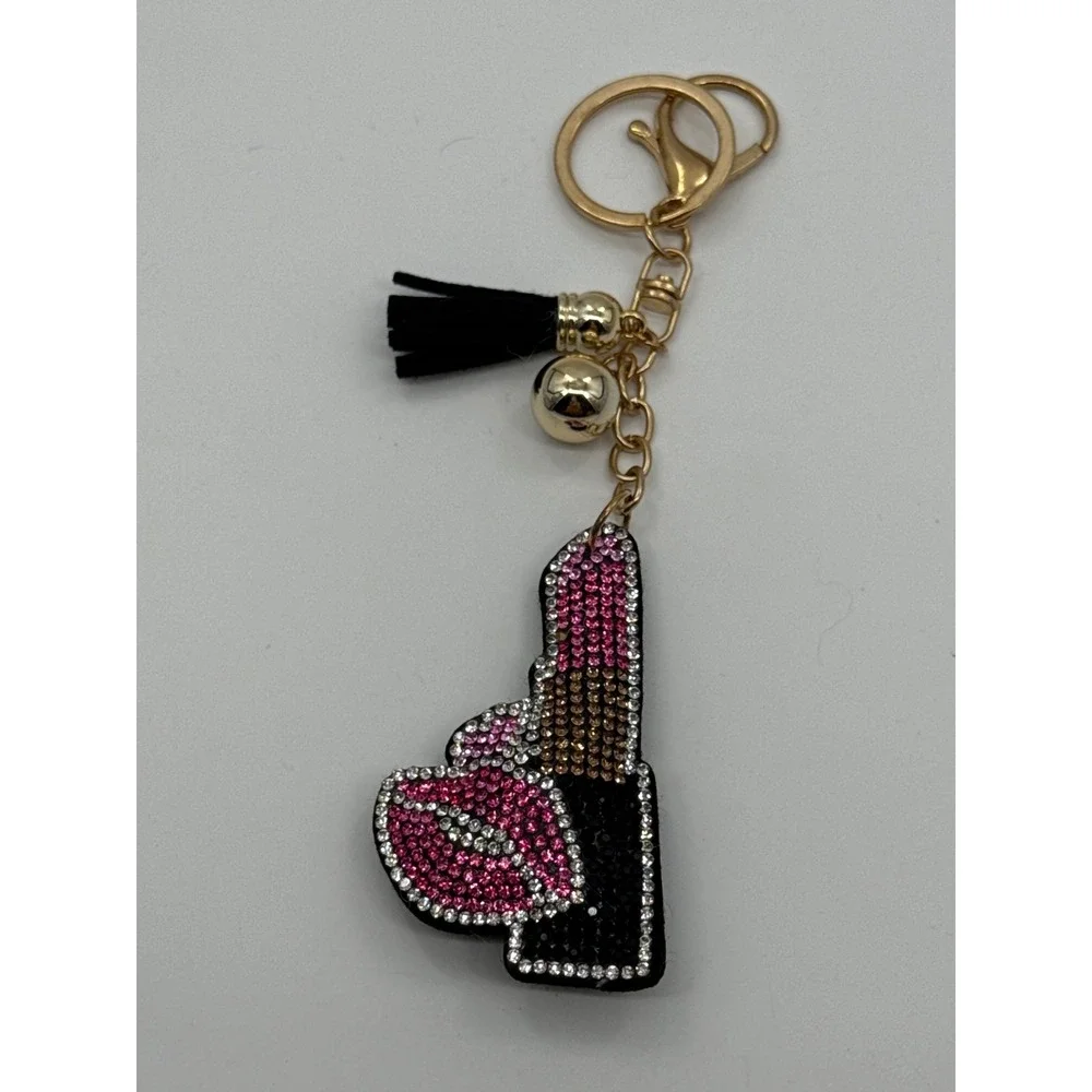 Rhinestone Lipstick Lips Keychain Gold Tone Tassel Bag Charm Pink Black Crystal